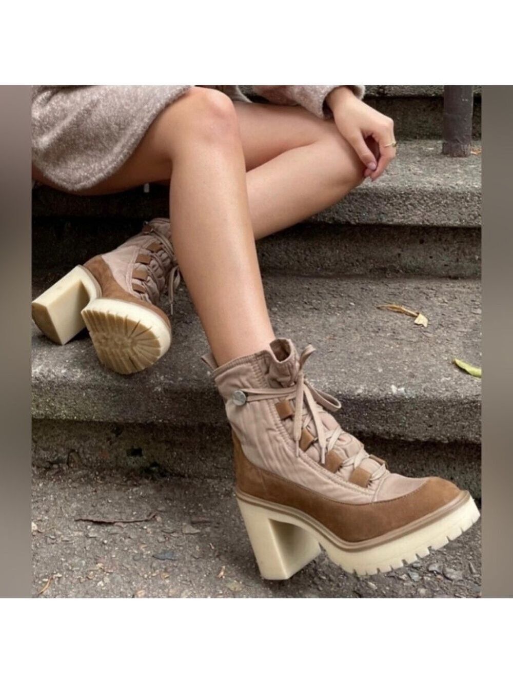 Dolce Vita Celia’s Nylon Leather Lace Up Heeled Lugged Sole Boots